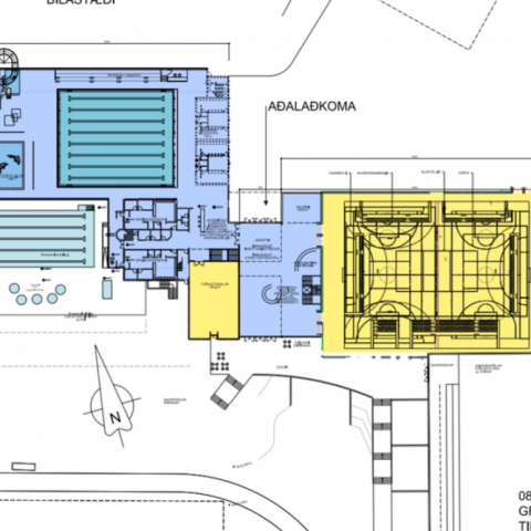 Teikning af nýju íþróttahúsi, tengibyggingu og sundhöll.