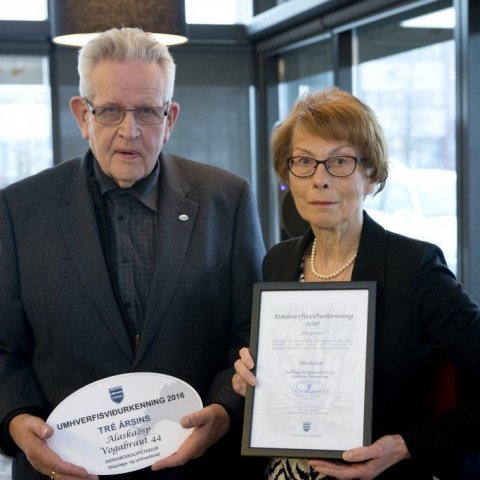 Guðlaug Bergþórsdóttir og Sigurjón Hannesson fengu umhverfisverðurkenningu fyrir tré ársins. 