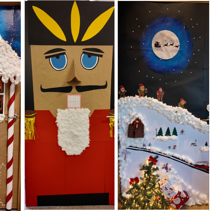 Hér má sjá fjórar af þeim níu hurðum sem fengu glæsilega upplyftingu í Brekkubæjarskóla á föstudag.