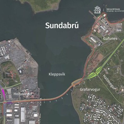 Teikning sem sýnir Sundabrú eins og lagt er til að hún muni liggja í Kleppsvík.