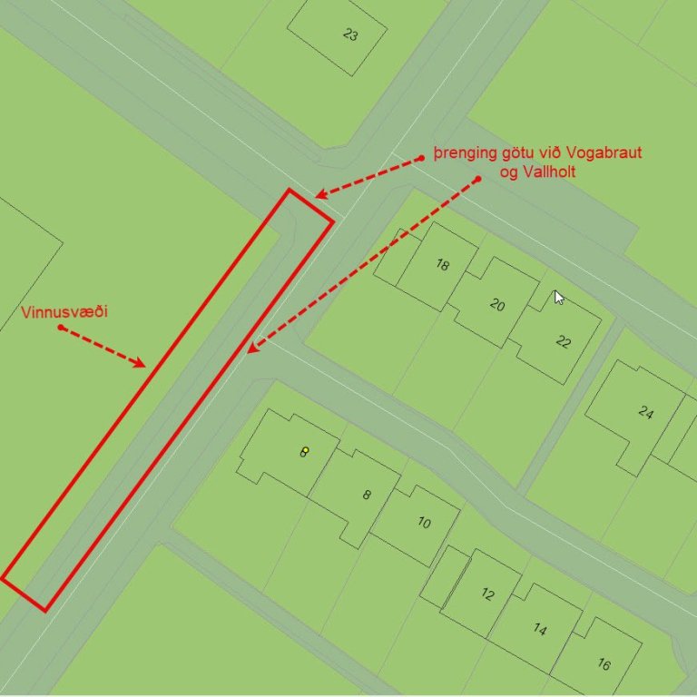Þrenging við gatnamót Vogabrautar og Vallholts vegna framkvæmda