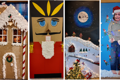 Hér má sjá fjórar af þeim níu hurðum sem fengu glæsilega upplyftingu í Brekkubæjarskóla á föstudag.